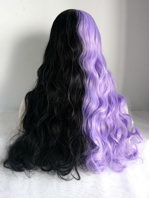 Half Purple and Half Black With Bangs Wavy Synthetic ...