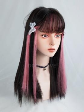 Black Highlight Pink Medium Length Straight Synthetic Lace Front Lolita Wig LG570