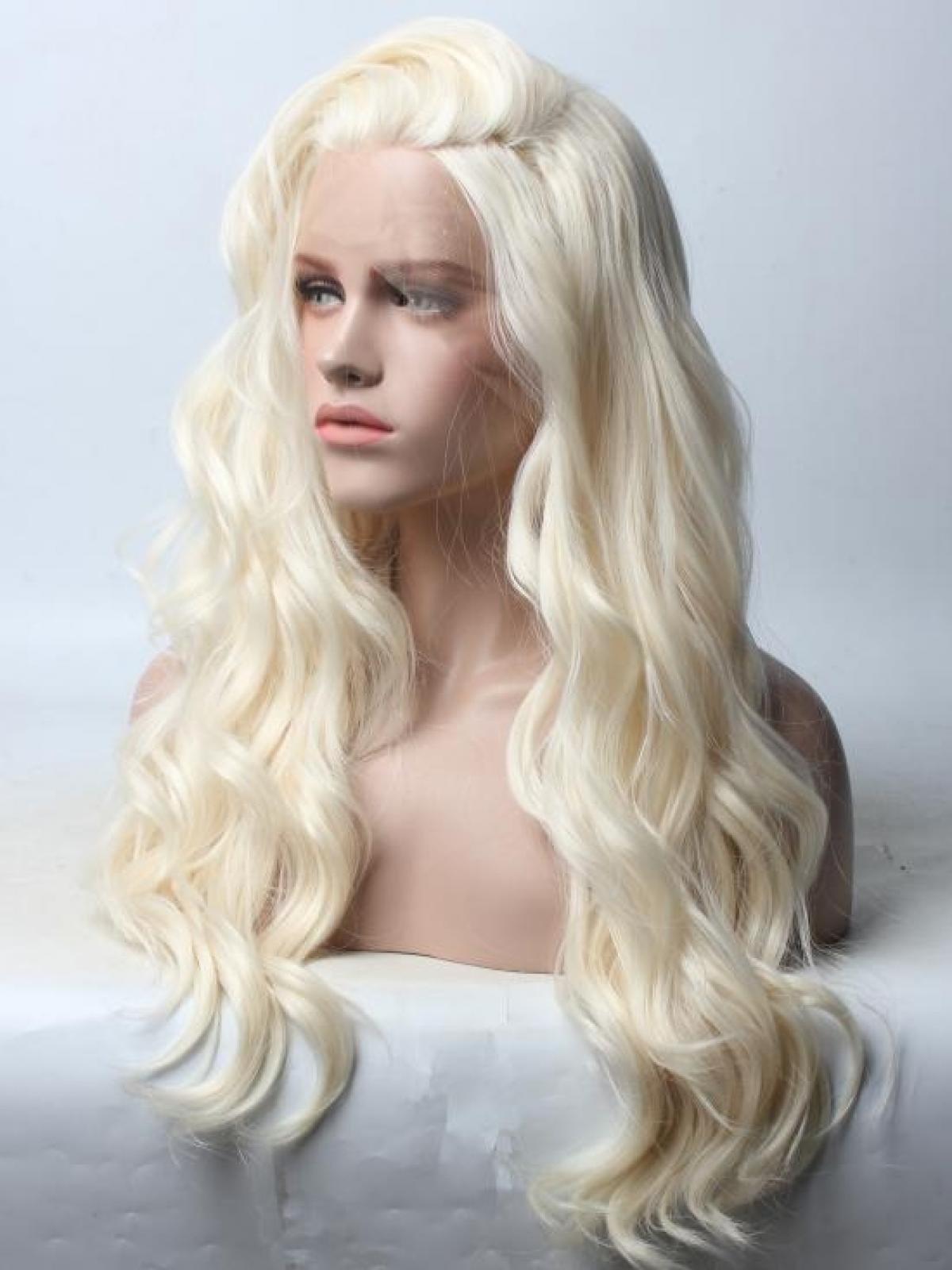 Blonde Wavy Waist Length Lace Front Synthetic Wig Dq012
