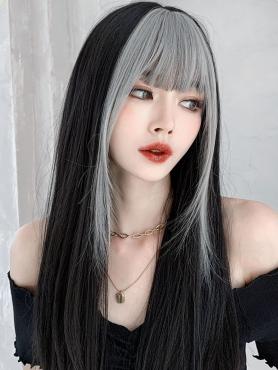 GORGEOUS WHITE BLACK LONG STRAIGHT SYNTHETIC WEFTED CAP WIG LG815