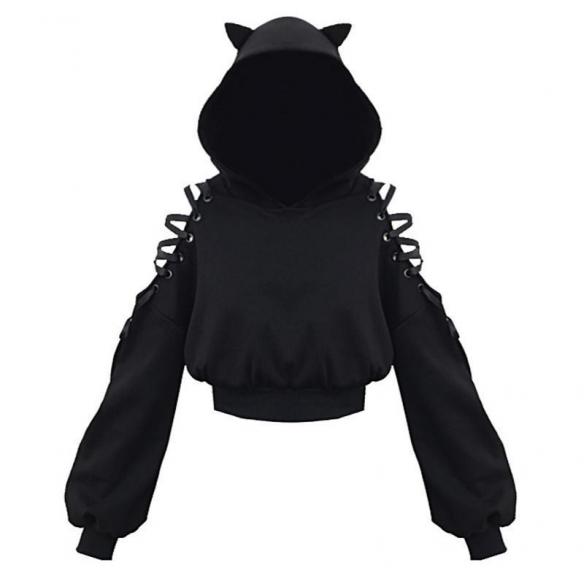 BLACK CAT EARS LACE UP HOODIE H001 - Home - DonaLoveHair