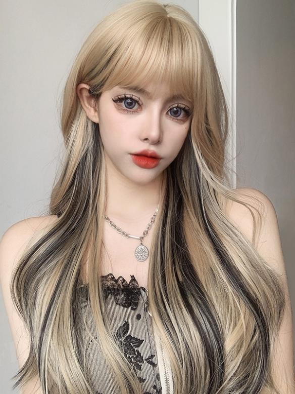 Cream Blonde Highlight Black Long Wavy Synthetic Wefted Cap Wig LG567 ...