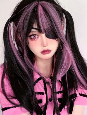 Black Highlight Pink Long Straight Synthetic Wefted Cap Wig LG655