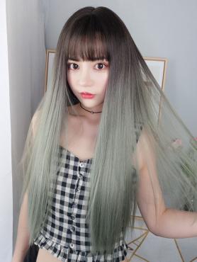 New Chocolate Brown Ombre Matcha Gray Long Straight Capless Synthetic Wig LG021